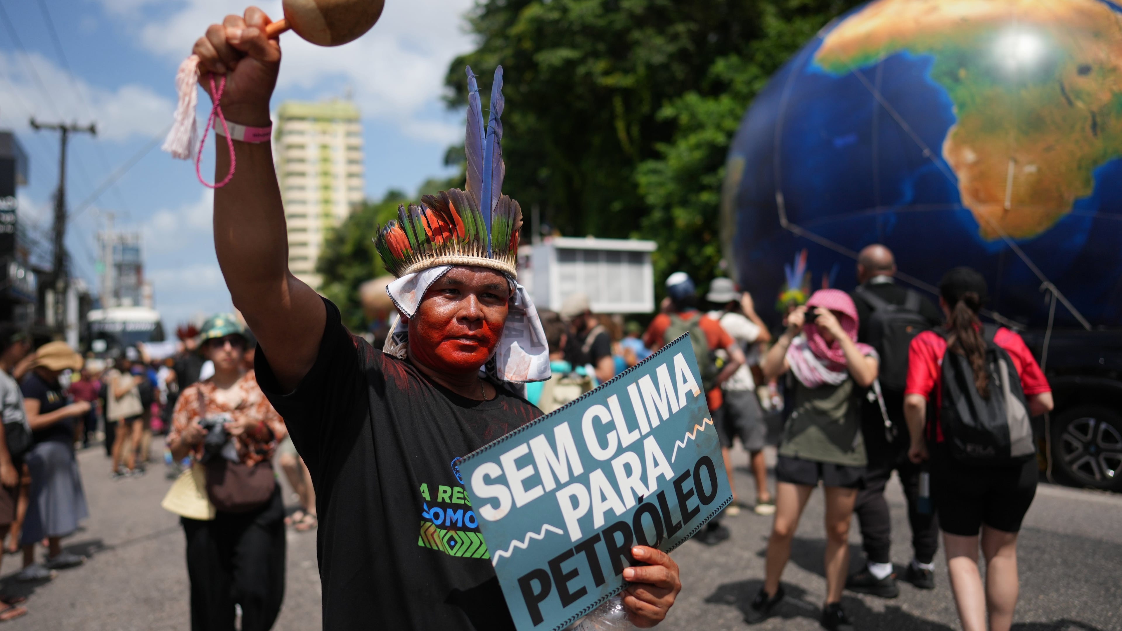 Indigenous activists participate in a climate protest during the COP30 U.N. Climate Summit, Monday, Nov. 17, 2025, in Belem, Brazil. (AP Photo/Andre Penner)