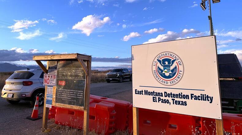 FILE - A sign marks the entrance to a series of hardened tents at the Camp East Montana immigrant detention center in the desert at a U.S. Army base on the outskirts of El Paso, Texas, Feb. 13, 2026. (AP Photo/Morgan Lee, File)