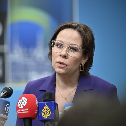 Swedish Foreign Minister Maria Malmer Stenergard speaks to media at the NATO Foreign Ministers' meeting in Helsingborg, Sweden, Friday, May 22, 2026. (Johan Nilsson/TT News Agency via AP)