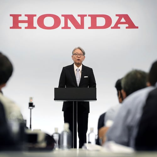 Honda's Chief Executive Toshihiro Mibe speaks at a press conference in Tokyo Thursday, May 14, 2026. (Yuta Omori/Kyodo News via AP)