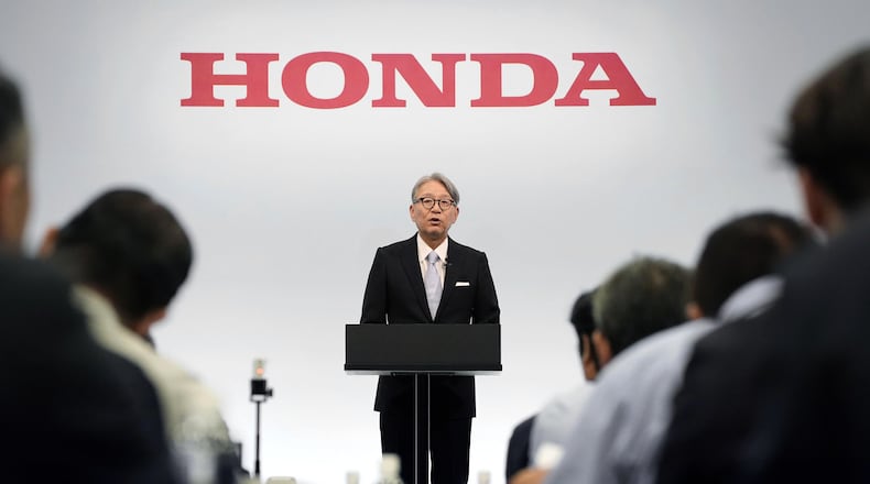 Honda's Chief Executive Toshihiro Mibe speaks at a press conference in Tokyo Thursday, May 14, 2026. (Yuta Omori/Kyodo News via AP)