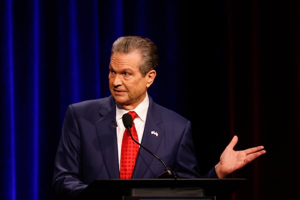 Republican candidate for governor Rick Jackson, a billionaire healthcare executive, speaks at the Atlanta Press Club Loudermilk-Young governor debate at Georgia Public Broadcasting on Monday. (Arvin Temkar/AJC)