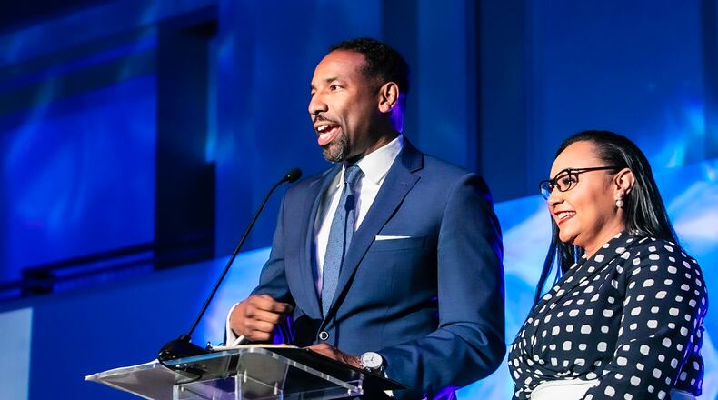 Atlanta Mayor Andre Dickson and U.S. Rep. Nikema Williams speak at the Democratic Party of Georgia’s annual fundraising gala. Erik Voss, DPG