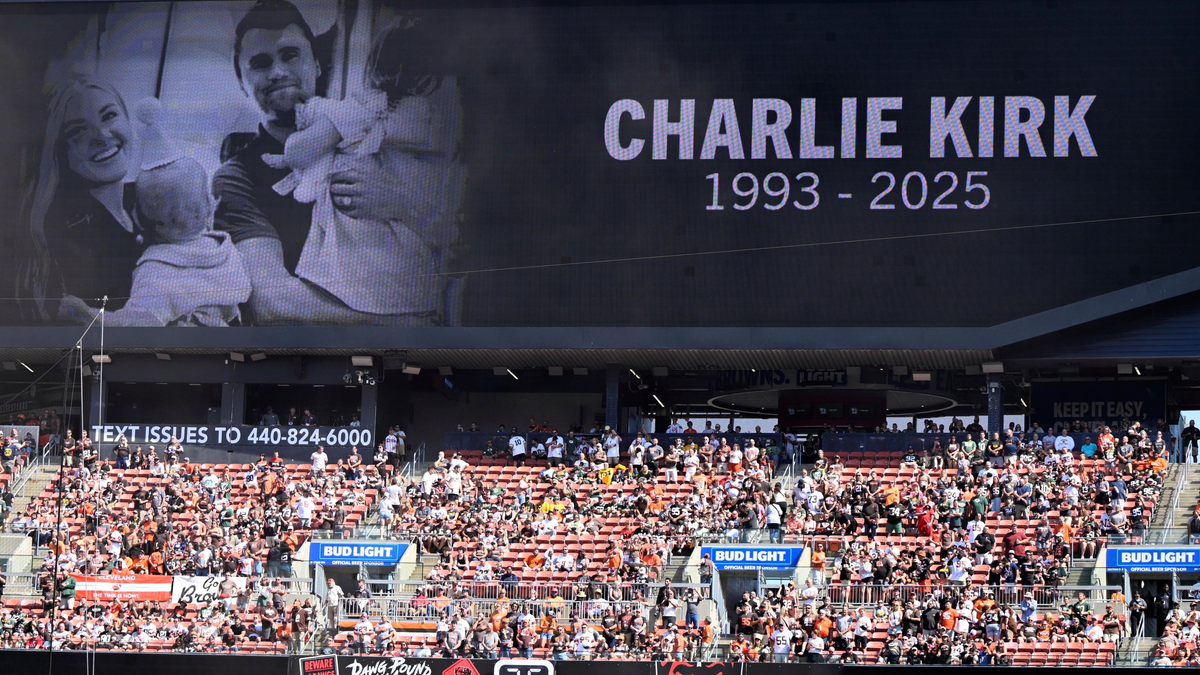 A memorial for Charlie Kirk is seen at Huntington Bank Field during the first half of an NFL football game between the Green Bay Packers and the Cleveland Browns Sunday, Sept. 21, 2025, in Cleveland. (AP Photo/David Richard)