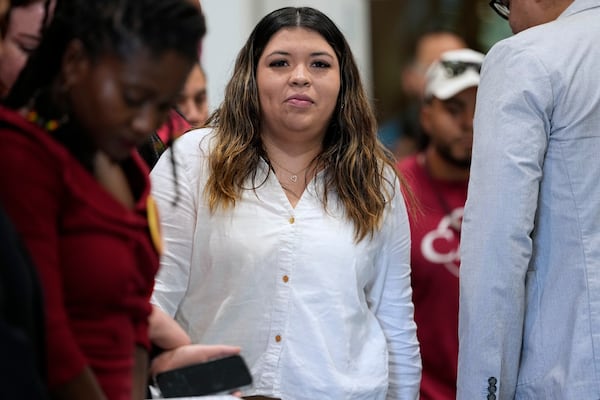 Jennifer Vasquez Sura, wife of Kilmar Abrego Garcia attends a news conference Wednesday, June 25, 2025, in Nashville, Tenn. (AP Photo/George Walker IV)