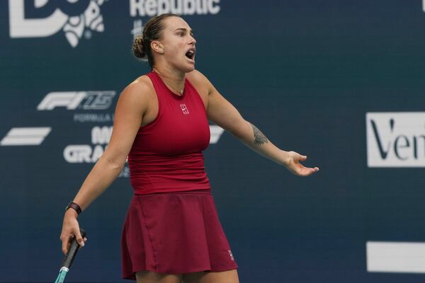 Aryna Sabalenka gestures after missing a point against Jessica Pegula during the women's singles final match at the Miami Open tennis tournament, Saturday, March 29, 2025, in Miami Gardens, Fla. (AP Photo/Marta Lavandier)