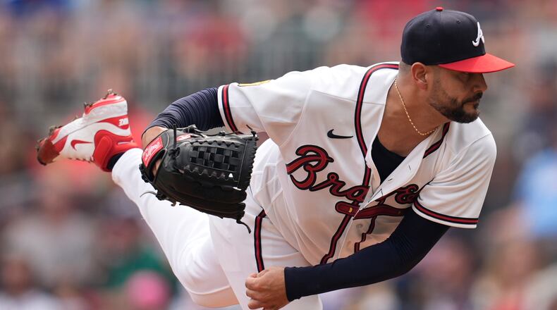 Atlanta Braves pitcher Martín Pérez (33) works in the first inning of a baseball game against the Washington Nationals, Sunday, May 24, 2026, in Atlanta. (AP Photo/Mike Stewart)