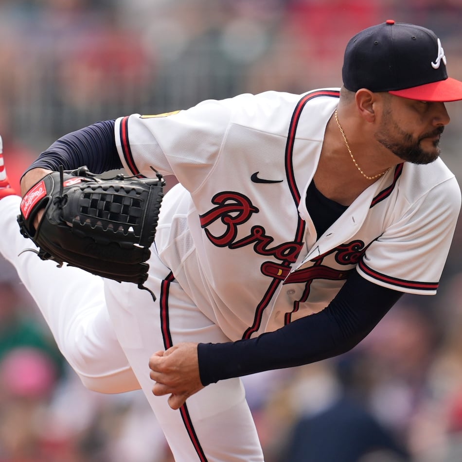 Atlanta Braves pitcher Martín Pérez (33) works in the first inning of a baseball game against the Washington Nationals, Sunday, May 24, 2026, in Atlanta. (AP Photo/Mike Stewart)