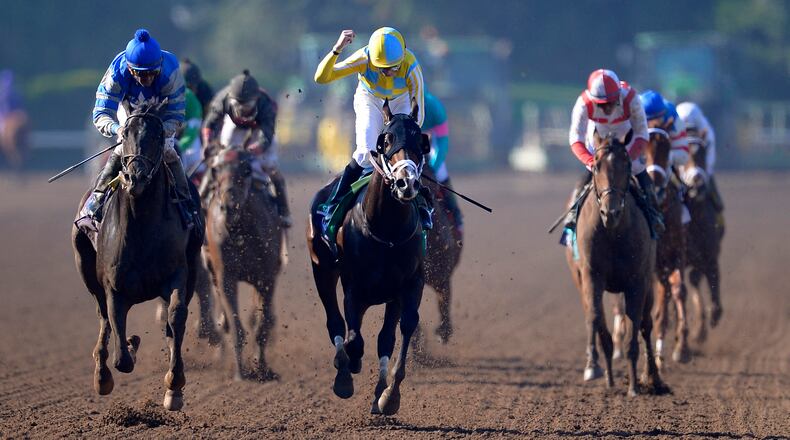 Julien Leparoux (center) celebrates aboard Classic Empire after winning the Breeders' Cup Juvenile horse race at Santa Anita in Arcadia, Calif. Classic Empire is likely to be the wagering favorite for the 143rd Kentucky Derby on May 6, 2017.