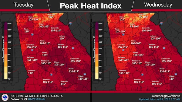 The National Weather Service has issued a heat advisory that covers nearly all of Georgia from Monday through Tuesday, July 28 and 29, 2025. (National Weather Service)
