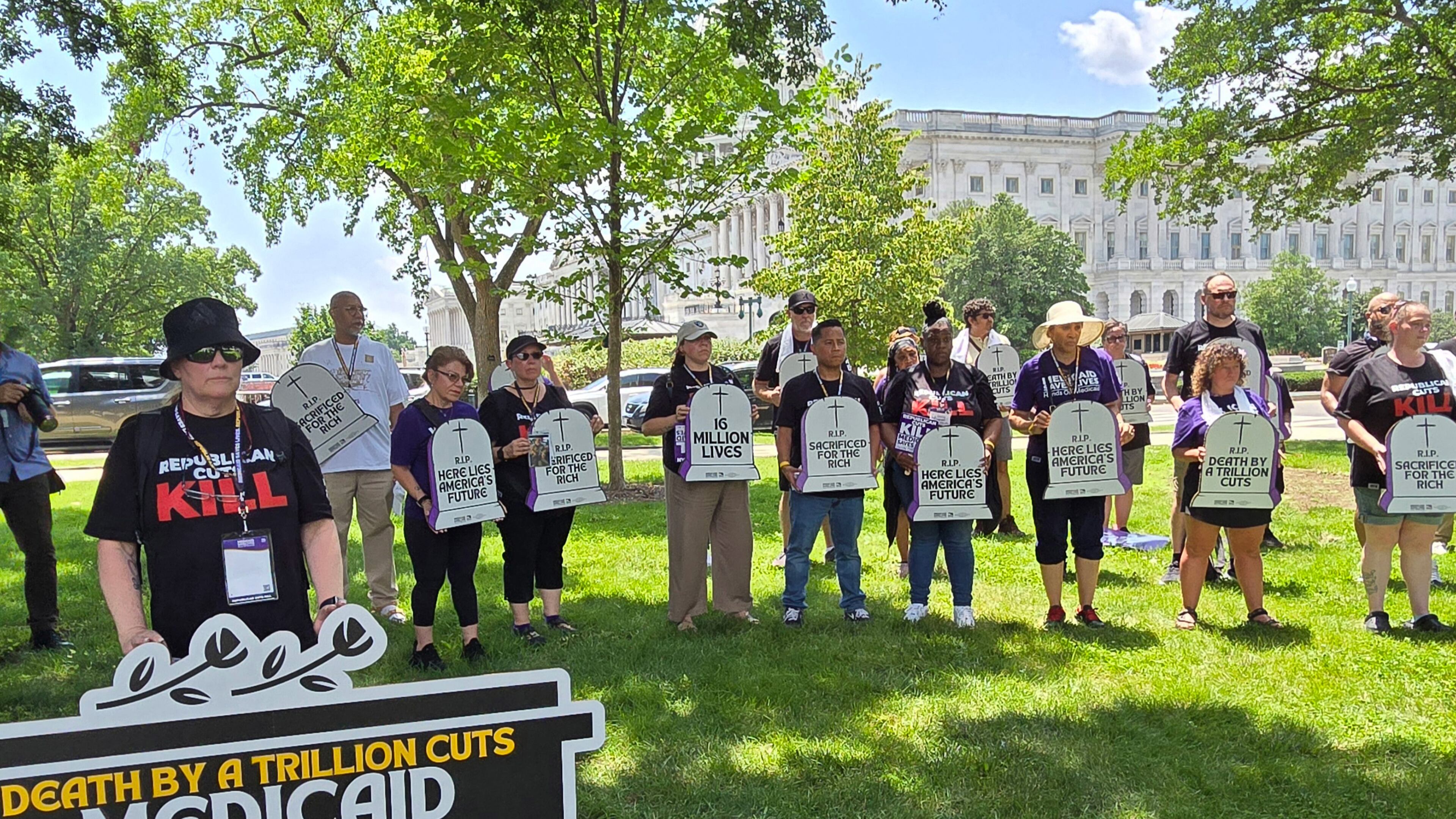 Protesters from Service Employees International Union — a large labor union representing health care workers — gathered outside the U.S. Capitol last week to express their displeasure with congressional Republicans’ plans to make cuts to Medicaid as part of President Donald Trump’s “big, beautiful bill.” (Phil Galewitz/KFF Health News)
