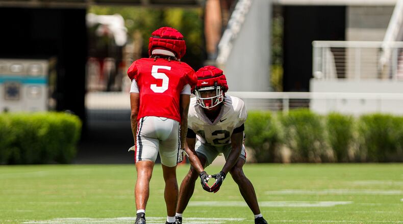 Georgia wide receiver Anthony Evans III (5) an cornerback Julian Humphrey (12) had some great battles during the Bulldogs second controlled scrimmage of the 2024 preseason this past Saturday, Aug. 10, at Sanford Stadium (Conor Dillon/UGAAA)
