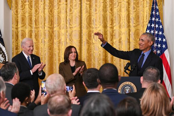 Former President Barack Obama (right) announced his support for Vice President Kamala Harris (center) today. President Joe Biden (left) dropped his reelection bid on Sunday.