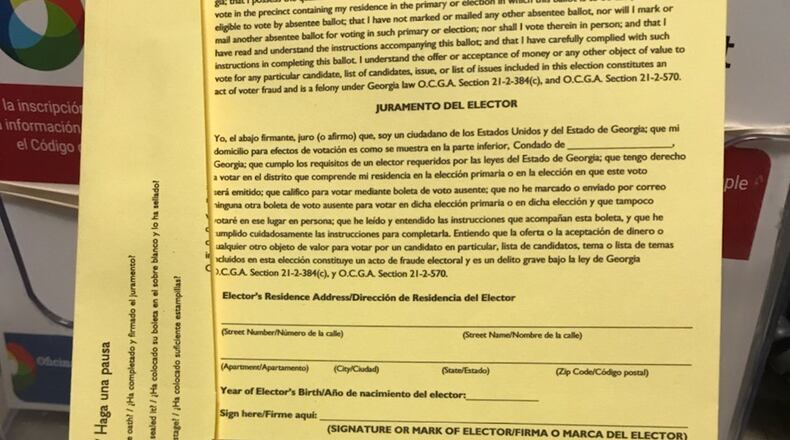 A photo of a Gwinnett County absentee ballot envelope. (SPECIAL PHOTO)
