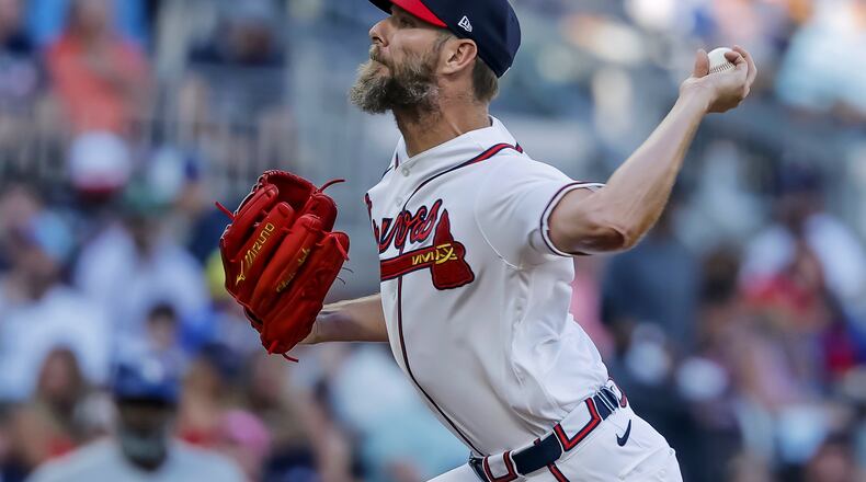Atlanta Braves pitcher Chris Sale delivers to a Toronto Blue Jays batter during the first inning of a baseball game, Thursday, June 4, 2026, in Atlanta. (AP Photo/Erik S. Lesser)