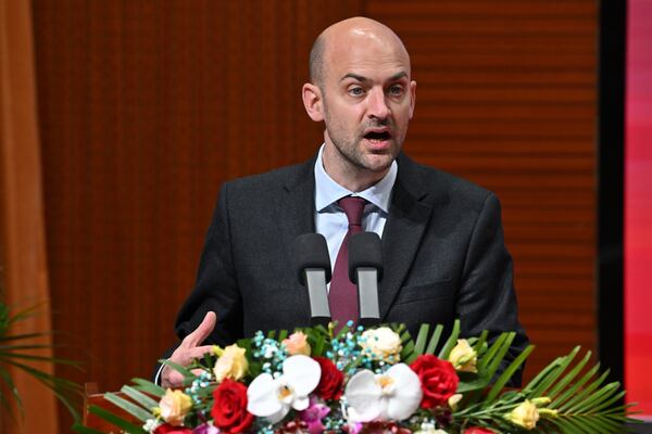 French Foreign Minister Jean-Noel Barrot delivers speech at the Beijing Language and Culture University (BLCU) in Beijing, Thursday, March 27, 2025. (Adek Berry/Pool Photo via AP)