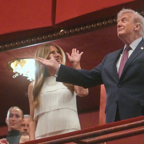 President Donald Trump and first lady Melania Trump arrive to attend the opening nights of the musical "Chicago" at the John F. Kennedy Center for the Performing Arts in Washington, Tuesday, March 31, 2026. (AP Photo/Rod Lamkey, Jr.)