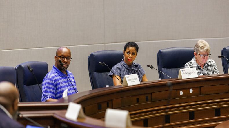 The Fulton County Board of Registration and Elections meets at the Assembly Hall of the Fulton County Government Center to certify the June general primary run-off election on Monday, June 27, 2022. (Arvin Temkar / arvin.temkar@ajc.com)