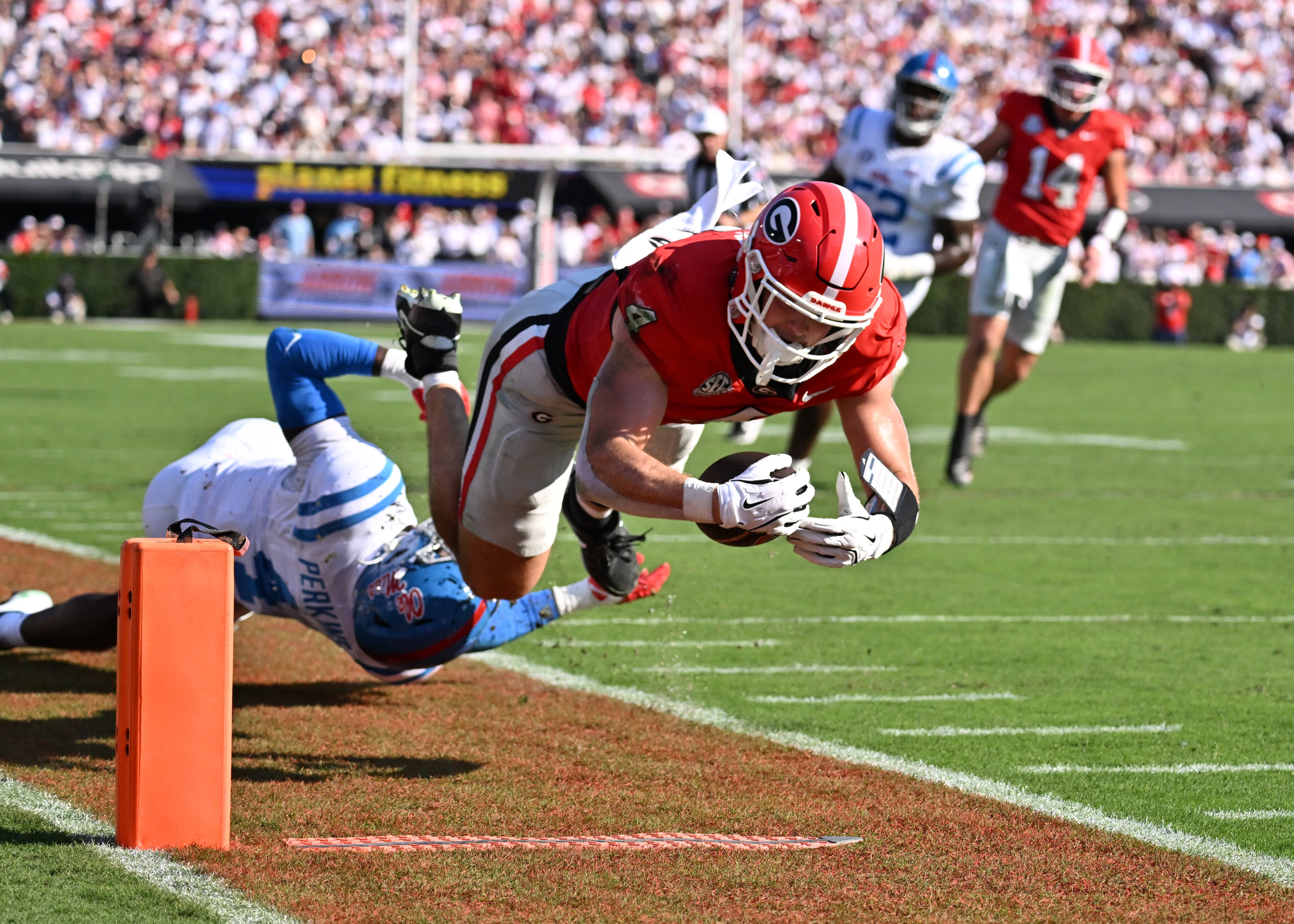 Georgia tight end Oscar Delp (4) falls down near the endzone after the catch during the first half in an NCAA football game at Sanford Stadium, Saturday, October 18, 2025, in Athens. (Hyosub Shin / AJC)