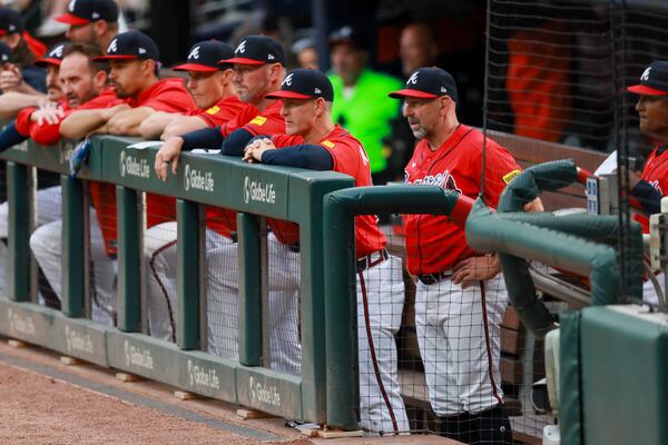 Braves manager Walt Weiss (right) watches the action from the dugout against the Nationals on Friday, May 22, 2026, at Truist Park. Atlanta won that game but lost the next two to lose the series to Washington. (Jason Getz/AJC)