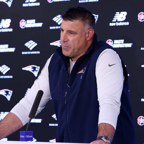New England Patriots head coach Mike Vrabel speaks during an NFL football press conference, Tuesday, April 21, 2026, in Foxborough, Mass. (AP Photo/Mark Stockwell)