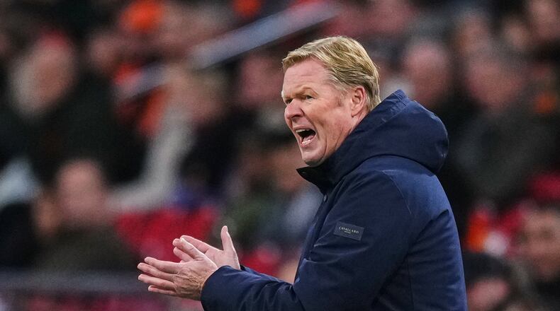 FILE - Netherlands' coach Ronald Koeman reacts during a World Cup 2026 group G qualifying soccer match between Netherlands and Lithuania in Amsterdam, Netherlands, Monday, Nov. 17, 2025. (AP Photo/Peter Dejong, File)