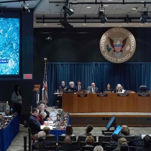National Transportation Safety Board (NTSB) Chairwoman Jennifer Homendy presides over the NTSB fact-finding hearing on the DCA midair collision accident, at the National Transportation and Safety Board boardroom in Washington, Tuesday, Jan. 27, 2026. (AP Photo/Jose Luis Magana)