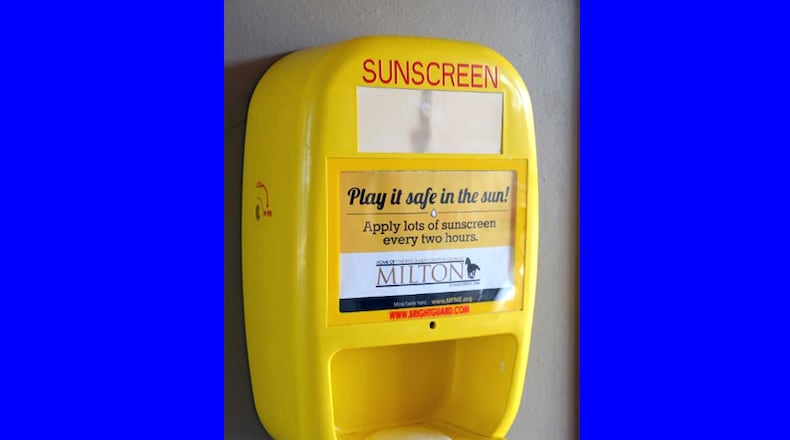 Free sunscreen dispensers at Bell Memorial Park, Milton, have enough SPF 30 lotion for 250 users. CITY OF MILTON