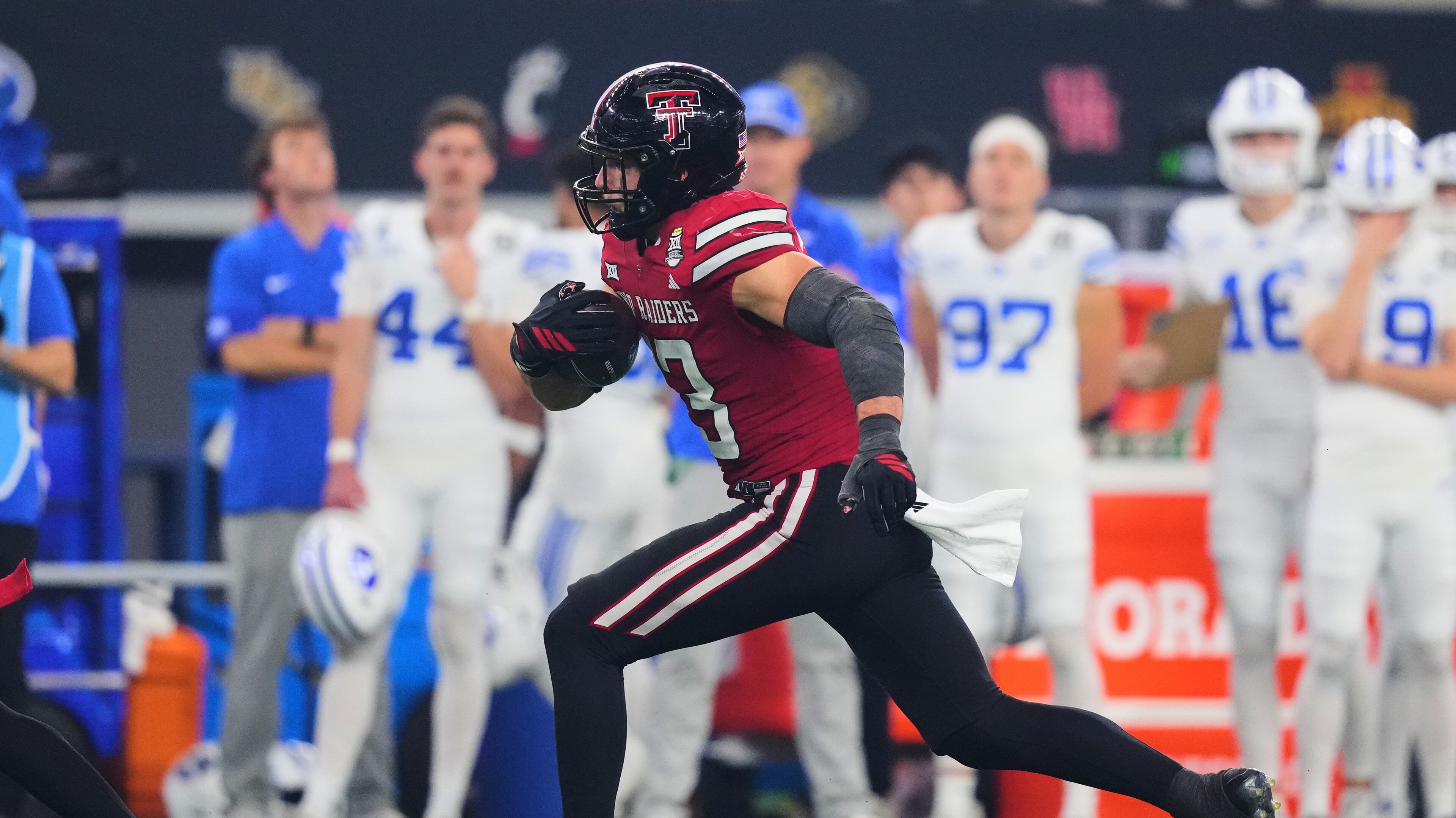 Texas Tech linebacker Ben Roberts intercepts a BYU pass in the second half of a Big 12 Conference championship NCAA college football game Saturday, Dec. 6, 2025, in Arlington, Texas. (AP Photo/Julio Cortez)