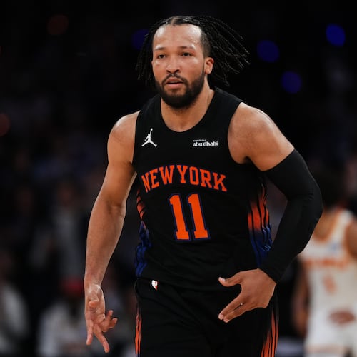 New York Knicks' Jalen Brunson (11) gestures after making a three-point shot during the second half in Game 5 of a first-round NBA playoffs basketball series against the Atlanta Hawks, Tuesday, April 28, 2026, in New York. (AP Photo/Frank Franklin II)