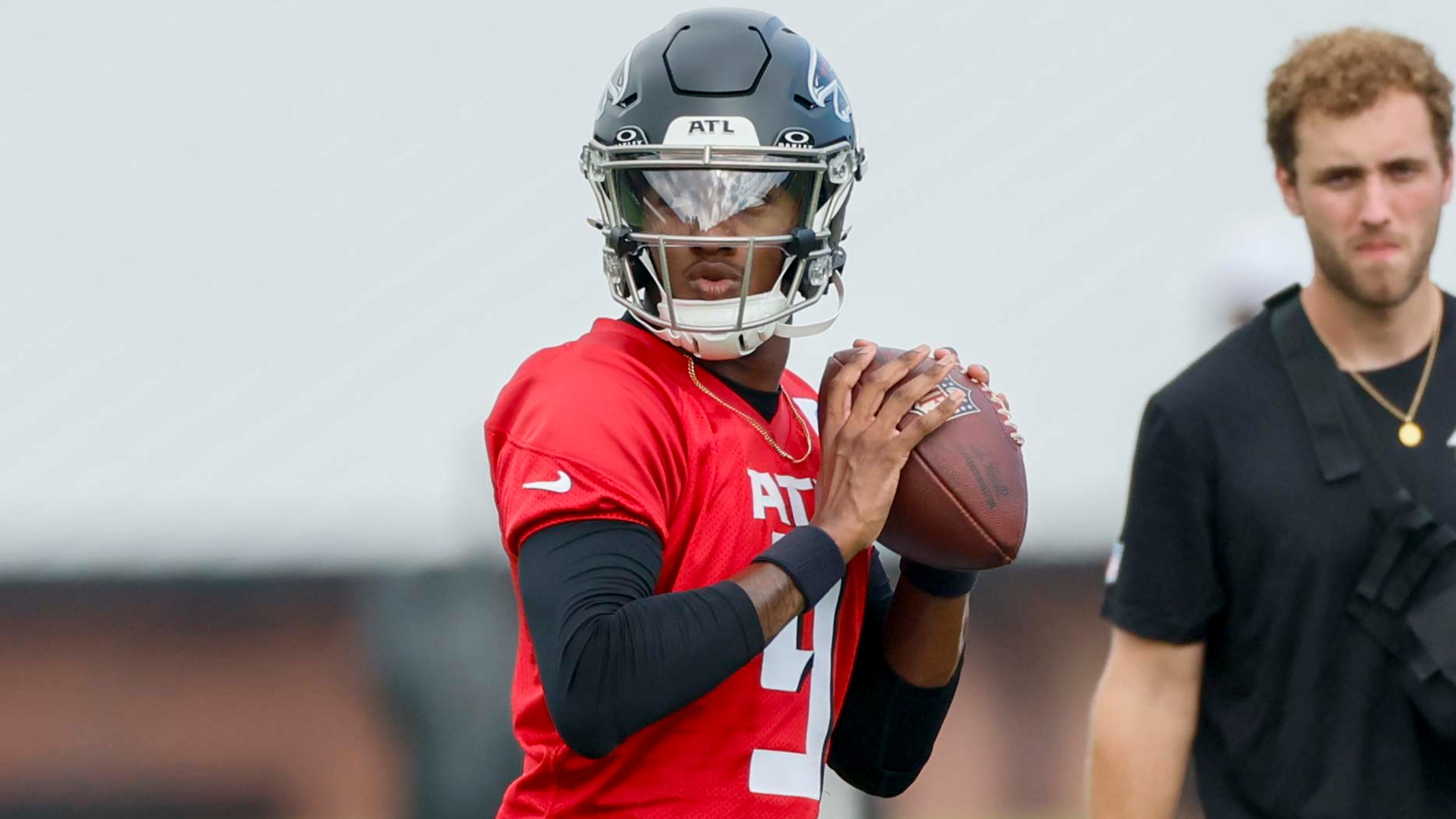 Atlanta Falcons quarterback Michael Penix Jr. (9)  attempts a pass during the first practice of training camp on Thursday, July 24, 2025, in Flowery Branch. 
(Miguel Martinez/ AJC)
