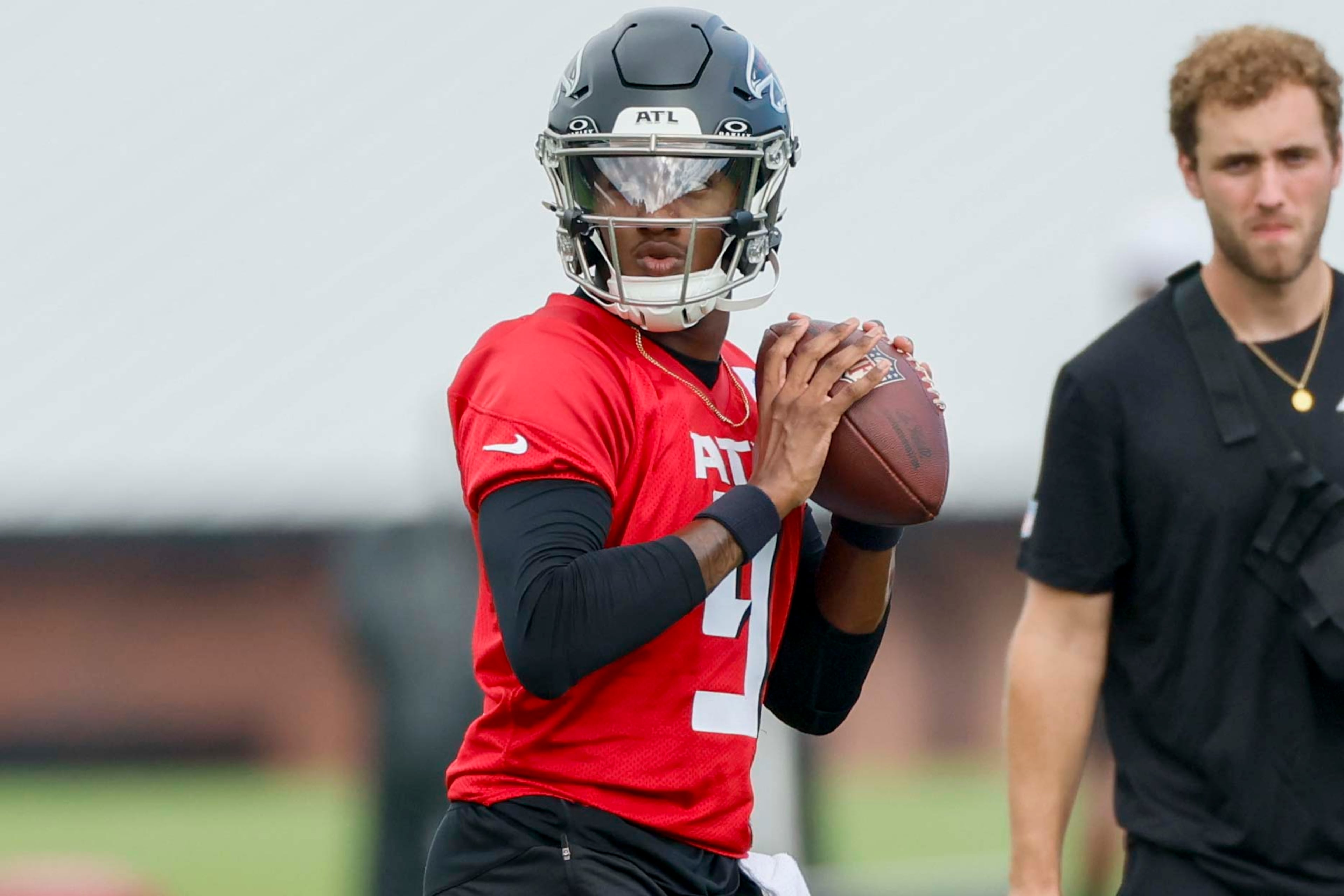 Atlanta Falcons quarterback Michael Penix Jr. (9) attempts a pass during the first practice of training camp on Thursday, July 24, 2025, in Flowery Branch.
(Miguel Martinez/ AJC)