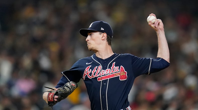 Atlanta Braves starting pitcher Max Fried works against a San Diego Padres batter during the second inning of a baseball game Friday, Sept. 24, 2021, in San Diego. (AP Photo/Gregory Bull)
