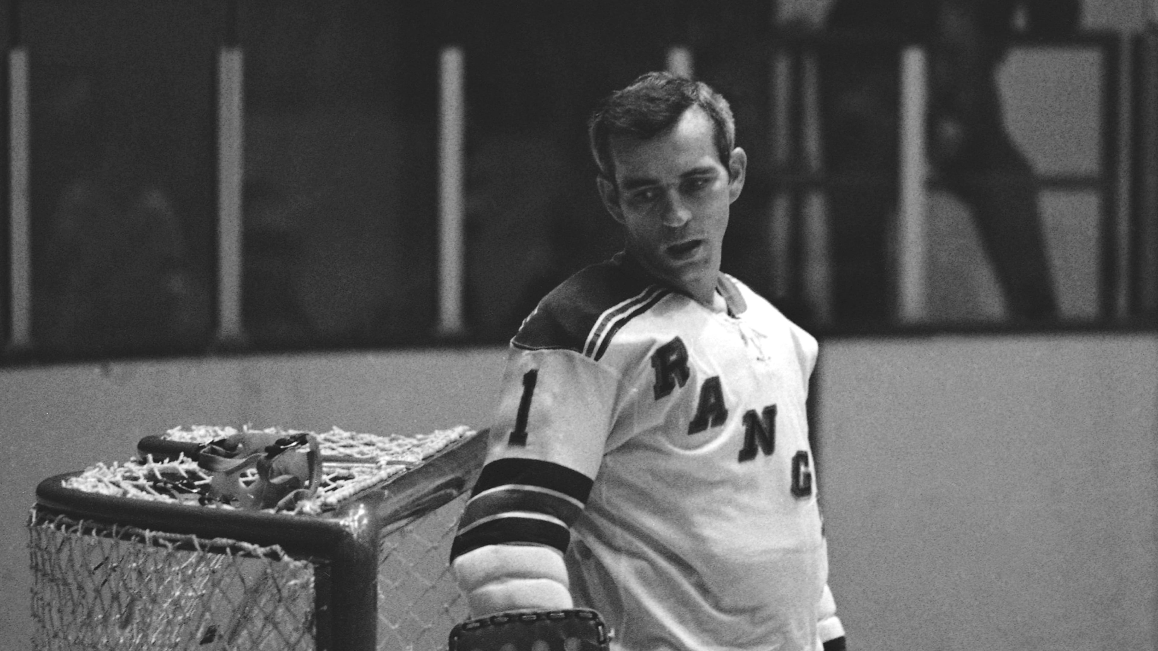 FILE - Ranger goalie Ed Giacomin at Rangers - Toronto game Oct. 21, 1970, New York won, 3-2. (AP Photo/John Lent, File)