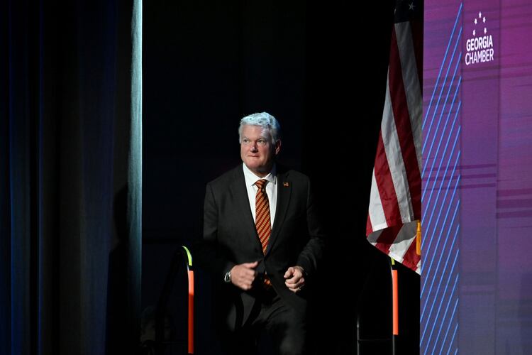 U.S. Rep. Mike Collins takes the stage before delivering a speech during the Georgia Chamber Congressional Luncheon at The Classic Center in Athens on Wednesday, Aug. 5, 2026. (Hyosub Shin/AJC)