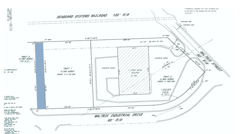 Lawrenceville will sell or transfer narrow strips of land owned by the city including this small parcel on Malbtie Industrial Drive. (Courtesy City of Lawrenceville)