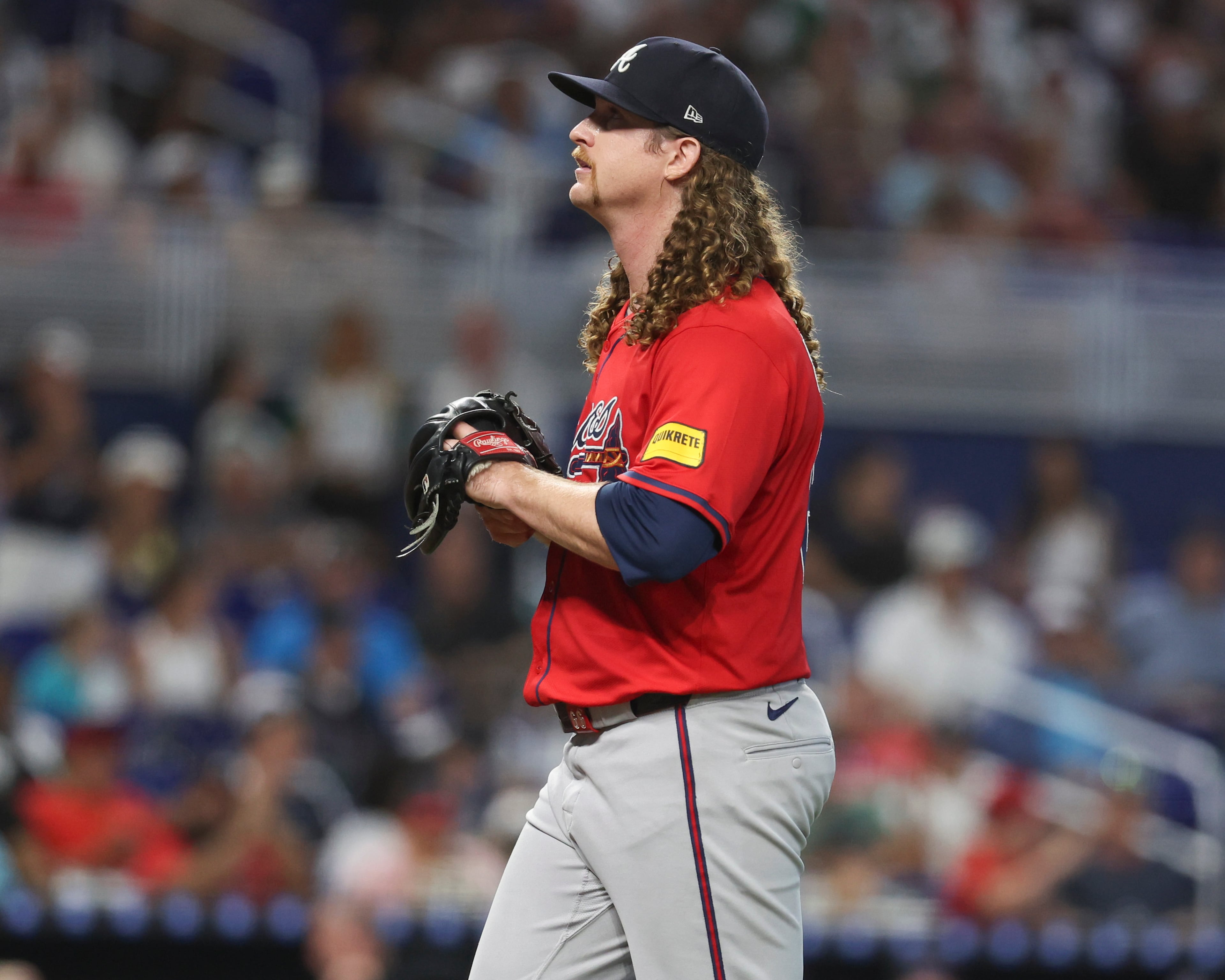 Atlanta Braves starting pitcher Grant Holmes, here against the Marlins in June, had a 3.99 ERA in 21 starts and 115 innings before going on the disabled list late last month with right elbow inflammation. (AP Photo/Alexandra Rodriguez)