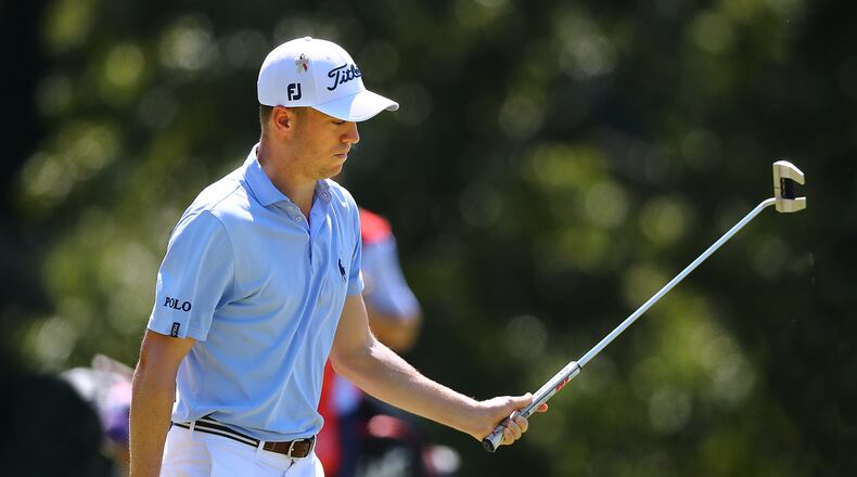 Justin Thomas reacts to sinking his birdie putt on the third hole during the final round of the Tour Championship at East Lake Golf Club on Monday, Sept. 7, 2020 in Atlanta.  Curtis Compton / Curtis.Compton@ajc.com