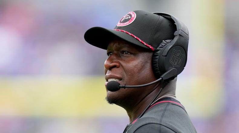 Atlanta Falcons head coach Raheem Morris watch during the second half of a preseason NFL football game against the Baltimore Ravens on Saturday, Aug. 17, 2024, in Baltimore. (AP Photo/Stephanie Scarbrough)