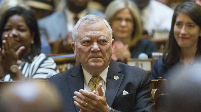 Georgia Gov. Nathan Deal applauds during an announcement Dec. 3, 2018 that the state will soon open its third inland port, a $90 million facility on 104 acres, in Deal’s hometown of Gainesville. (ALYSSA POINTER/ALYSSA.POINTER@AJC.COM)(ALYSSA POINTER/ALYSSA.POINTER@AJC.COM)