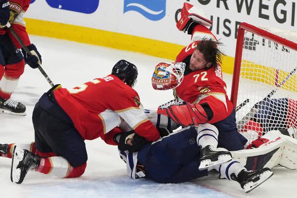 Florida Panthers goaltender Sergei Bobrovsky (72) loses his helmet during the third period in Game 6 of a second-round NHL hockey playoff series against the Toronto Maple Leafs, Friday, May 16, 2025, in Sunrise, Fla. (AP Photo/Lynne Sladky)