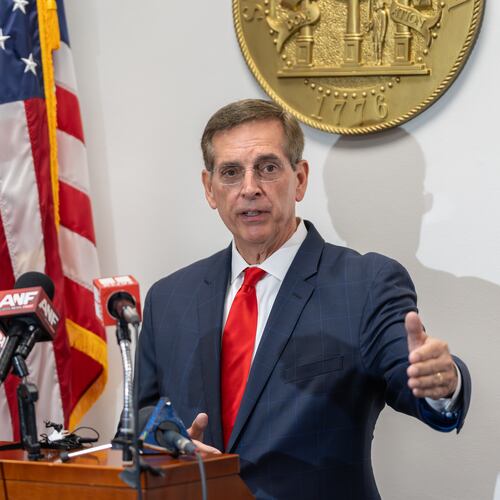 Georgia Secretary of State Brad Raffensperger takes questions from the media during an Election Day press conference. Tuesday, May 19, 2026 (Ben Hendren for the AJC)
