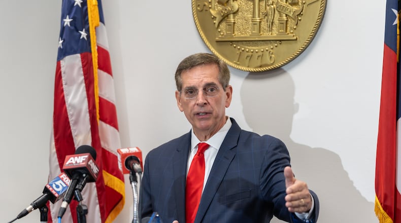 Georgia Secretary of State Brad Raffensperger takes questions from the media during an Election Day press conference. Tuesday, May 19, 2026 (Ben Hendren for the AJC)
