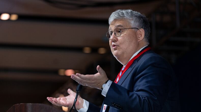 State Republican party chairman David Shafer speaks at the Georgia GOP convention at Jekyll Island on Saturday, June 5, 2021. (Nathan Posner for The Atlanta-Journal-Constitution)