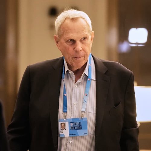 FILE - New York Giants co-owner Steve Tisch arrives for NFL owners meetings, in New York, Wednesday, Oct. 22, 2025. (AP Photo/Richard Drew, File)