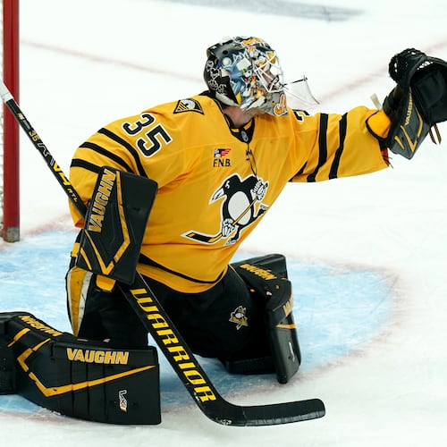 A shot by Montréal Canadiens' Alexandre Texier gets by Pittsburgh Penguins goaltender Tristan Jarry (35) for a goal during the first period of an NHL hockey game, Thursday, Dec. 11, 2025, in Pittsburgh. (Matt Freed/Pittsburgh Post-Gazette via AP)