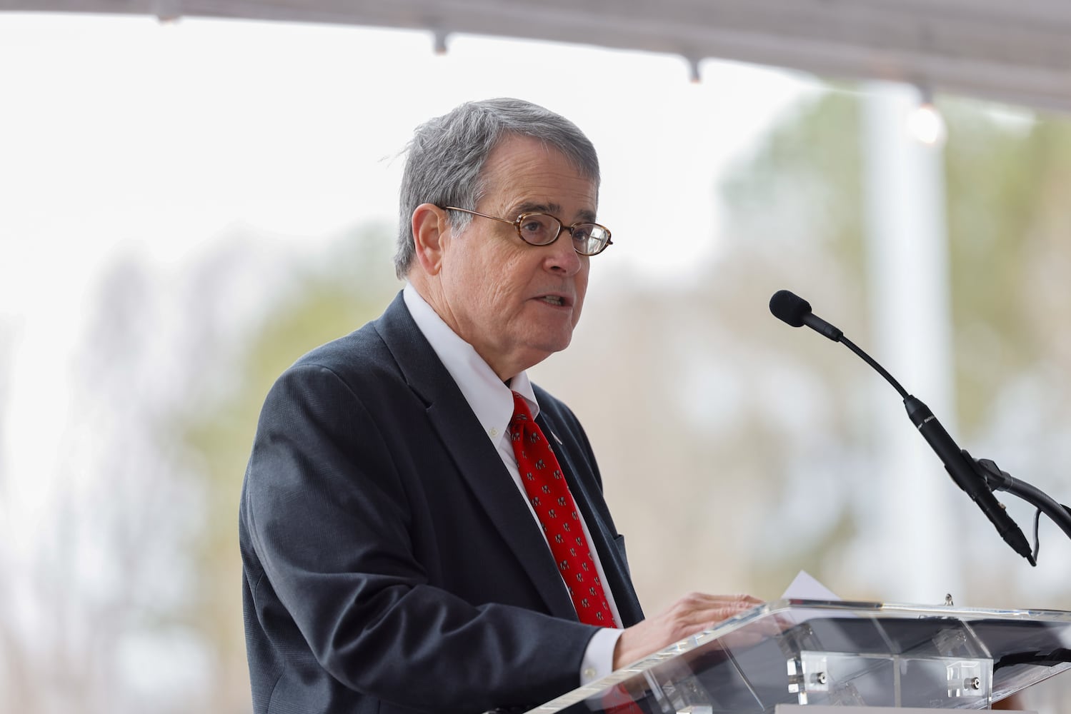 University of Georgia President Jere Morehead speaks at the ribbon-cutting ceremony for UGA’s new Spec Towns Track facility in Athens on Wednesday, Feb. 18, 2026. (Arvin Temkar/AJC)