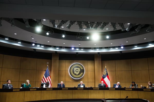 Cobb County Board of Education members listen to public comment during a meeting in Marietta, Ga., on Thursday, Jan. 22, 2026. (Abbey Cutrer/AJC)