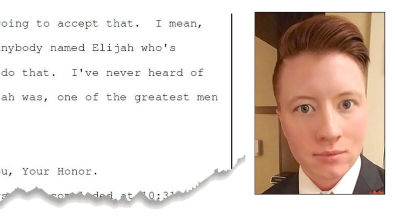 Superior Court Judge David Roper, left, refused a request from Rebeccah Elizabeth Feldhaus to change his name to Rowan Elijah Feldhaus. (Photo sources: judge's image downloaded from county website; detail of transcript from Feldhaus hearing; image of Feldhaus is a handout downloaded from projectq.us.)