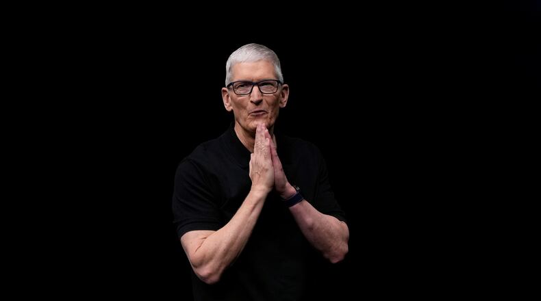 FILE - Apple CEO Tim Cook speaks on stage during an announcement of new products at Apple Park in Cupertino, Calif., Sept. 9, 2025. (AP Photo/Godofredo A. Vásquez, File)